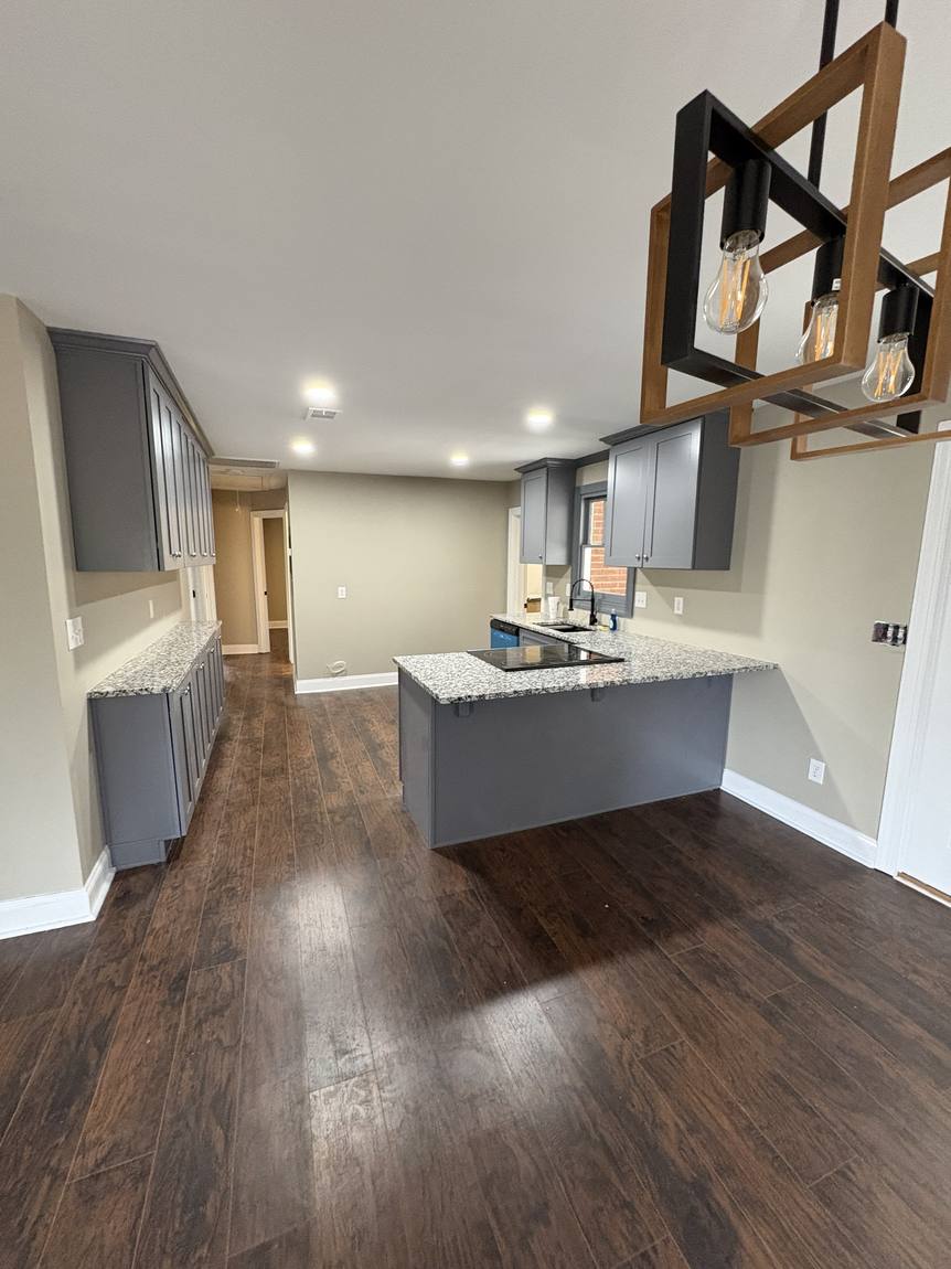 Kitchen peninsula and dining area