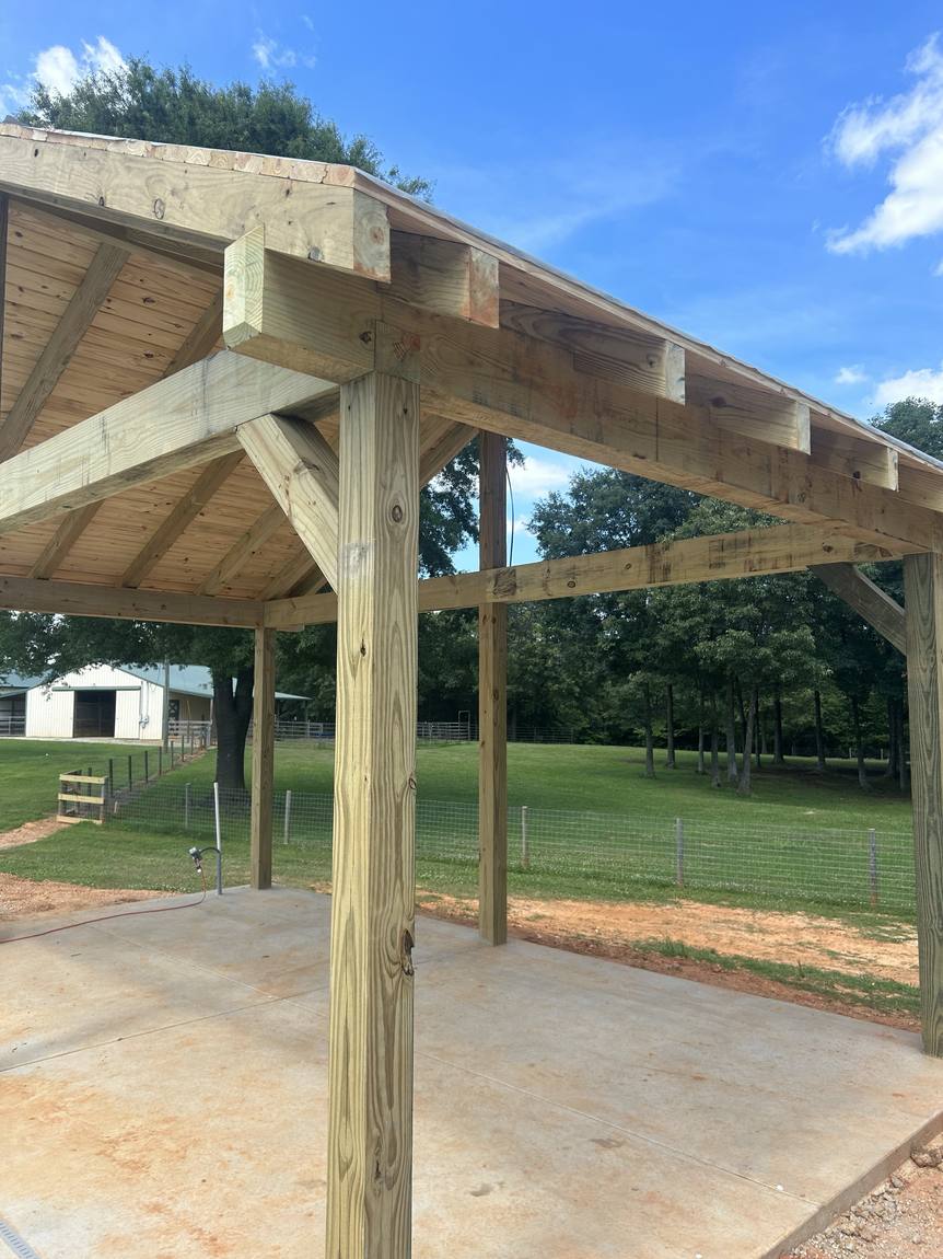 Post-and-beam corner of a timber-frame pavilion